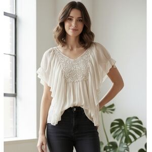NWT Anthropologie Katherine Top with Crochet Detail Ivory Size 0